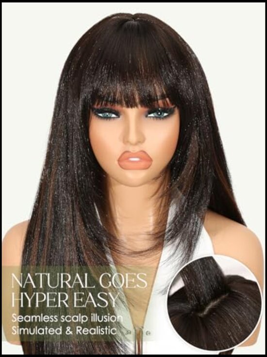 Long Straight Layered Wig with Bangs Heat Resistant Synthetic Full Head Easy main image 5